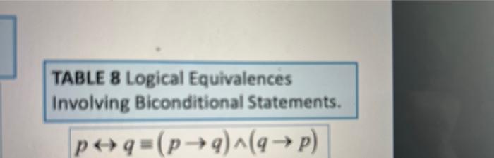 Solved TABLE 8 Logical Equivalences Involving Biconditional | Chegg.com