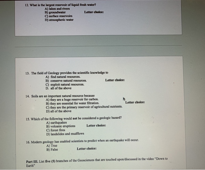 Solved 12. What is the largest reservoir of liquid fresh