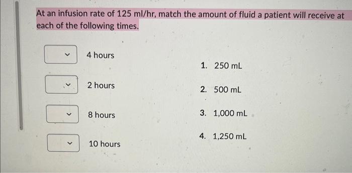 Solved At an infusion rate of 125ml/hr, match the amount of | Chegg.com