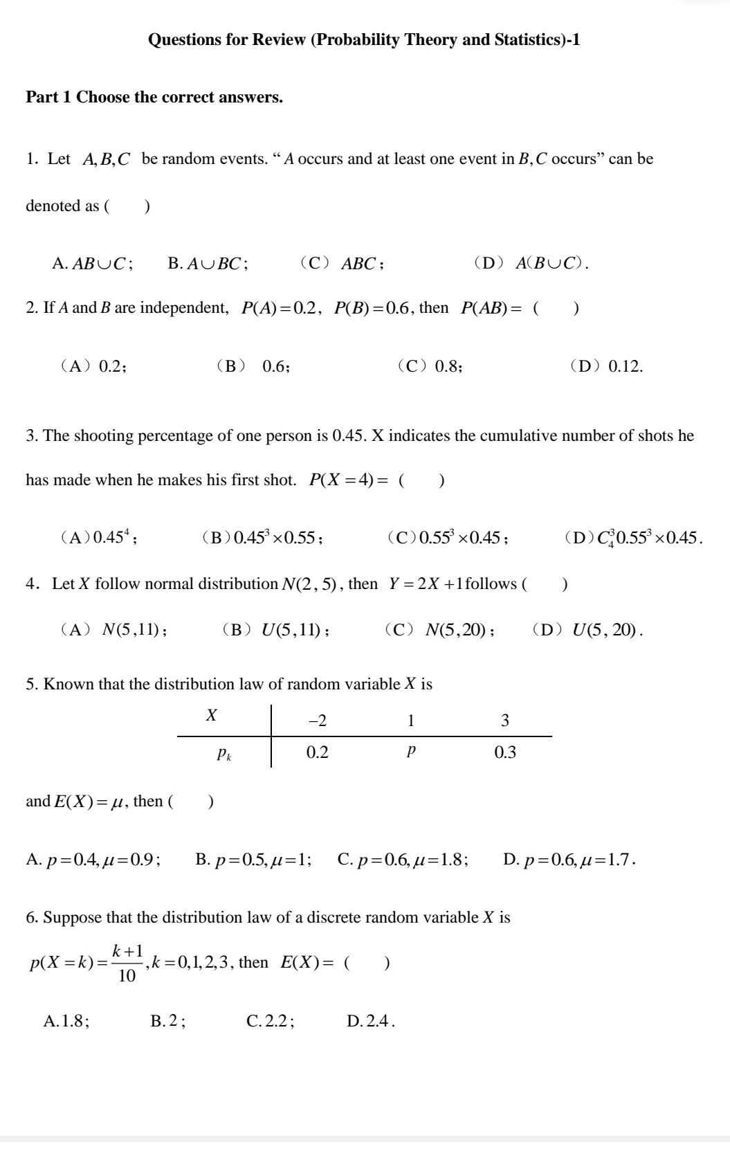 Solved Questions For Review (Probability Theory And | Chegg.com