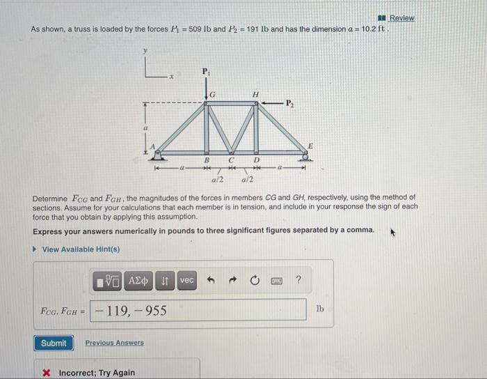 Solved As shown, a truss is loaded by the forces P1 = 509 lb | Chegg.com