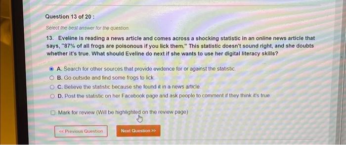 Solved Question 5 of 20 : Select the best answer for the | Chegg.com