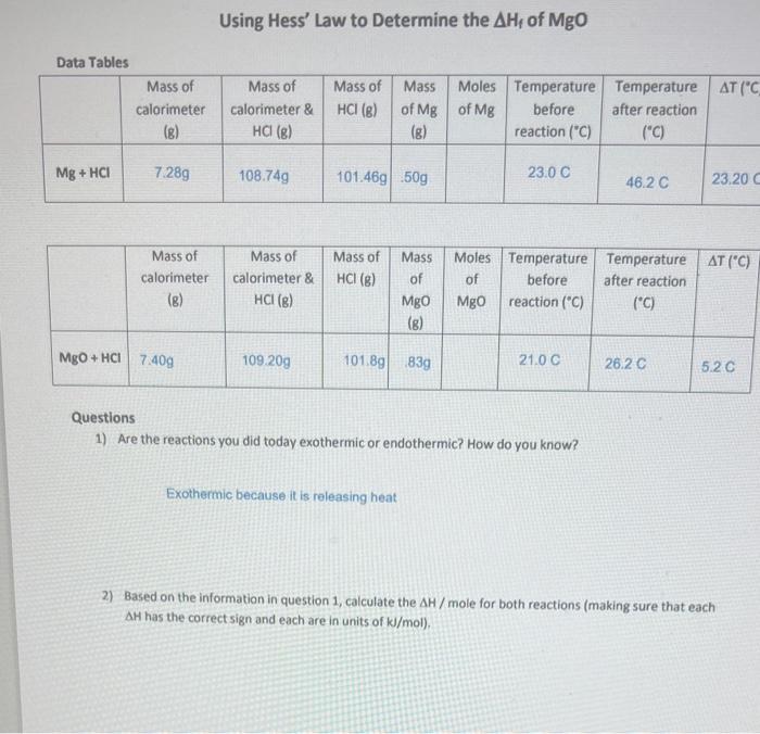 Using Hess Law to Determine the \( \Delta \mathrm{H}_{\mathrm{f}} \) of \( \mathrm{MgO} \)
Questions
1) Are the reactions yo