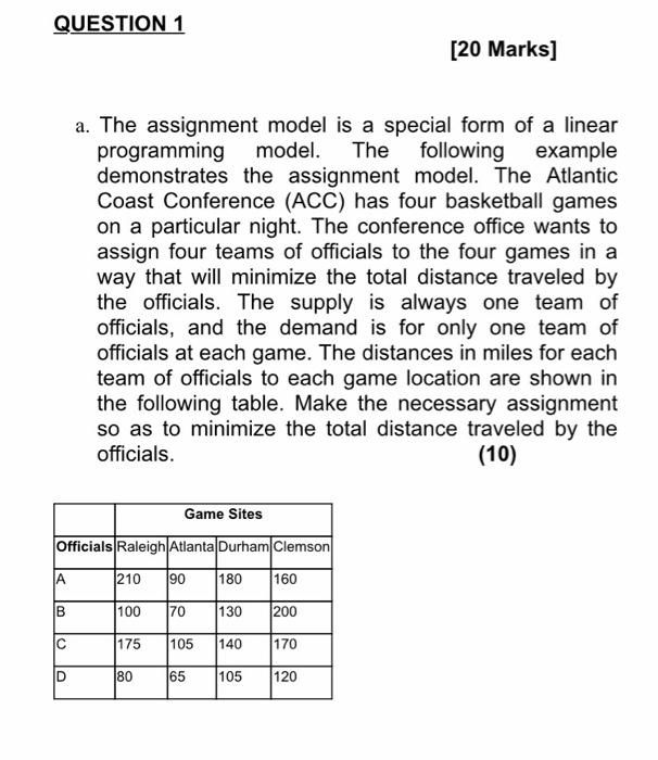 Solved QUESTION 1 [20 Marks] a. The assignment model is a | Chegg.com