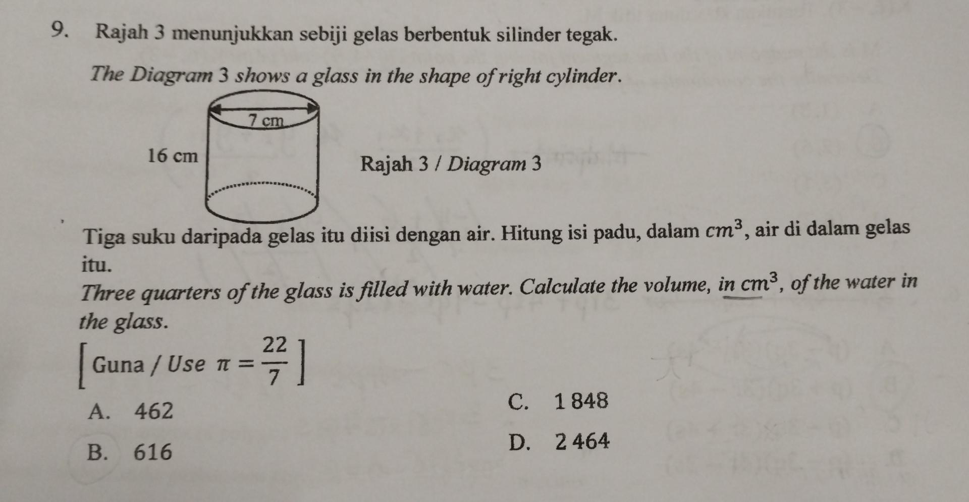 Solved 9. Rajah 3 menunjukkan sebiji gelas berbentuk | Chegg.com