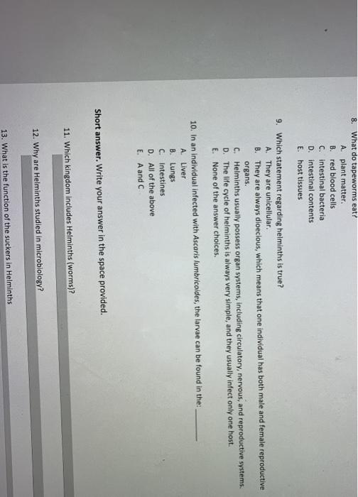 Solved 1. Which Of The Following Statements About Helminths | Chegg.com