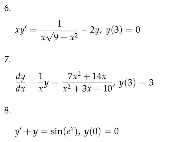 \( \begin{array}{l}x y^{\prime}=\frac{1}{x \sqrt{9-x^{2}}}-2 y, y(3)=0 \\ \frac{d y}{d x}-\frac{1}{x} y=\frac{7 x^{2}+14 x}{x