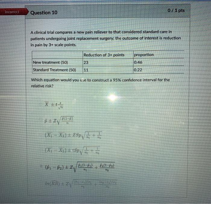 Solved Incorrect 0/1 pts Question 10 A clinical trial | Chegg.com