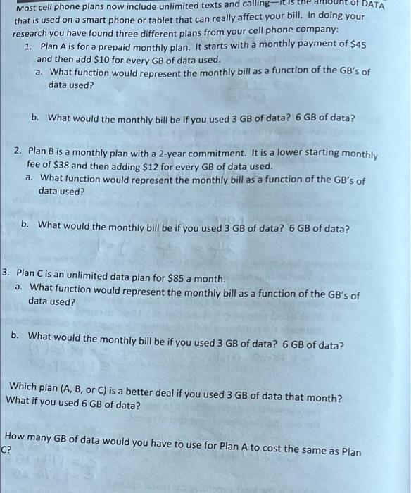 Solved of DATA Most cell phone plans now include unlimited | Chegg.com