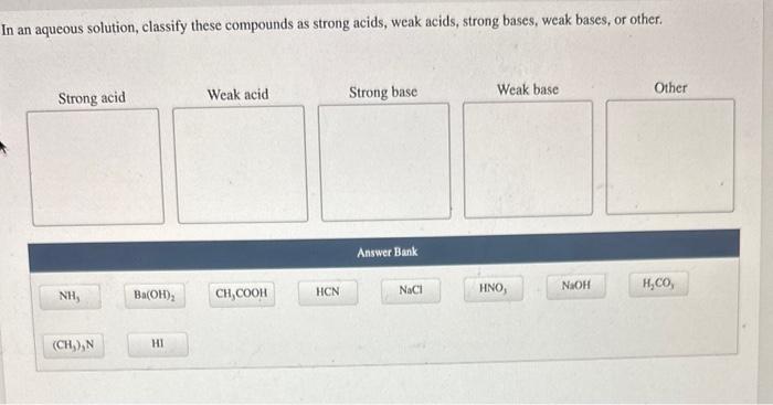n an aqueous solution, classify these compounds as strong acids, weak acids, strong bases, weak bases, or other.