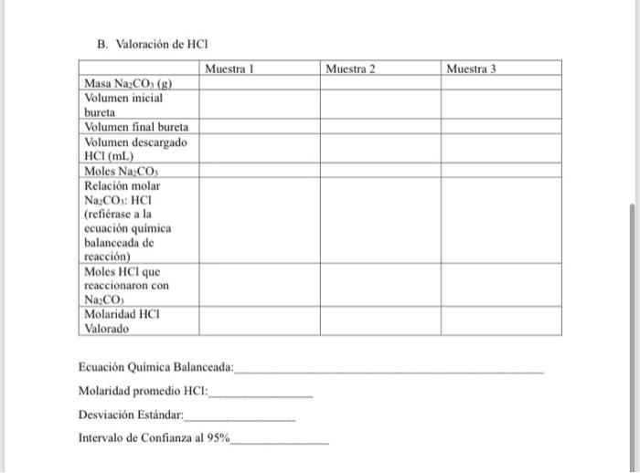 B. Valoración de \( \mathrm{HCl} \) Ecuación Quimica Balanceada: Molaridad promedio \( \mathrm{HCl} \) : Desviación Estándar: