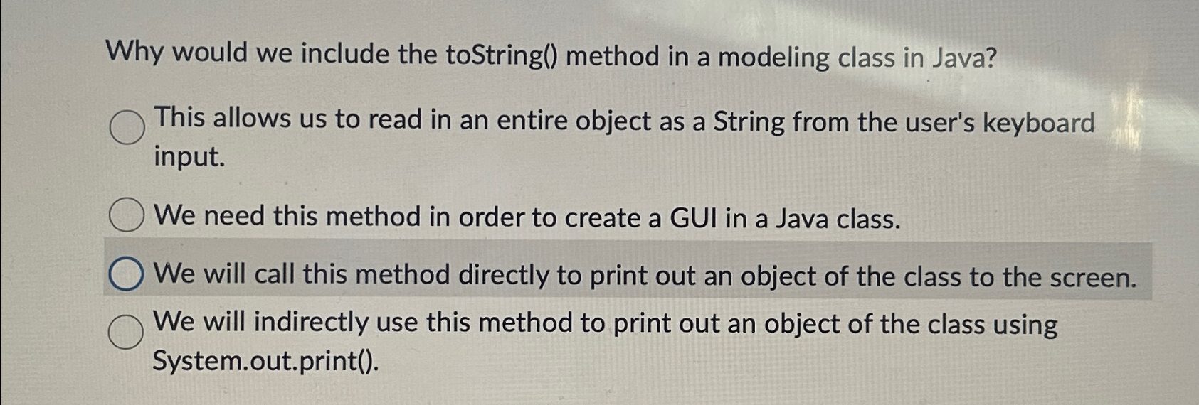 Solved Why would we include the toString() ﻿method in a | Chegg.com