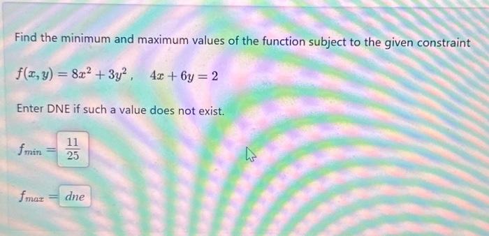 Solved Find the minimum and maximum values of the function | Chegg.com