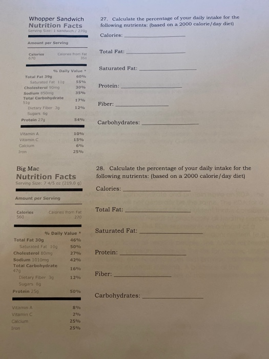 Nutrition Label Worksheet Answer Key Whopper Sandwich Besto Blog