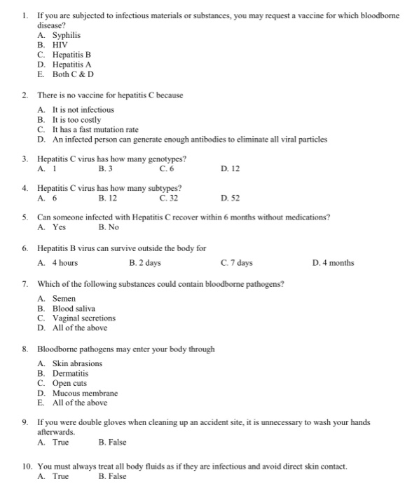 Solved 1. If you are subjected to infectious materials or | Chegg.com