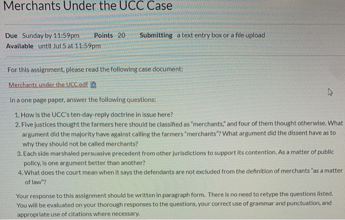Merchants Under the UCC Case Submitting a text entry Chegg com