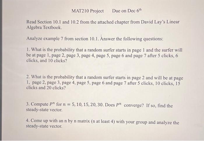 Solved MAT210 Project Read Section 10.1 and 10.2 from the | Chegg.com