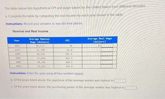 The table below lists hypothetical CPI and wage values for the United States from different decades.
a. Complete the table by