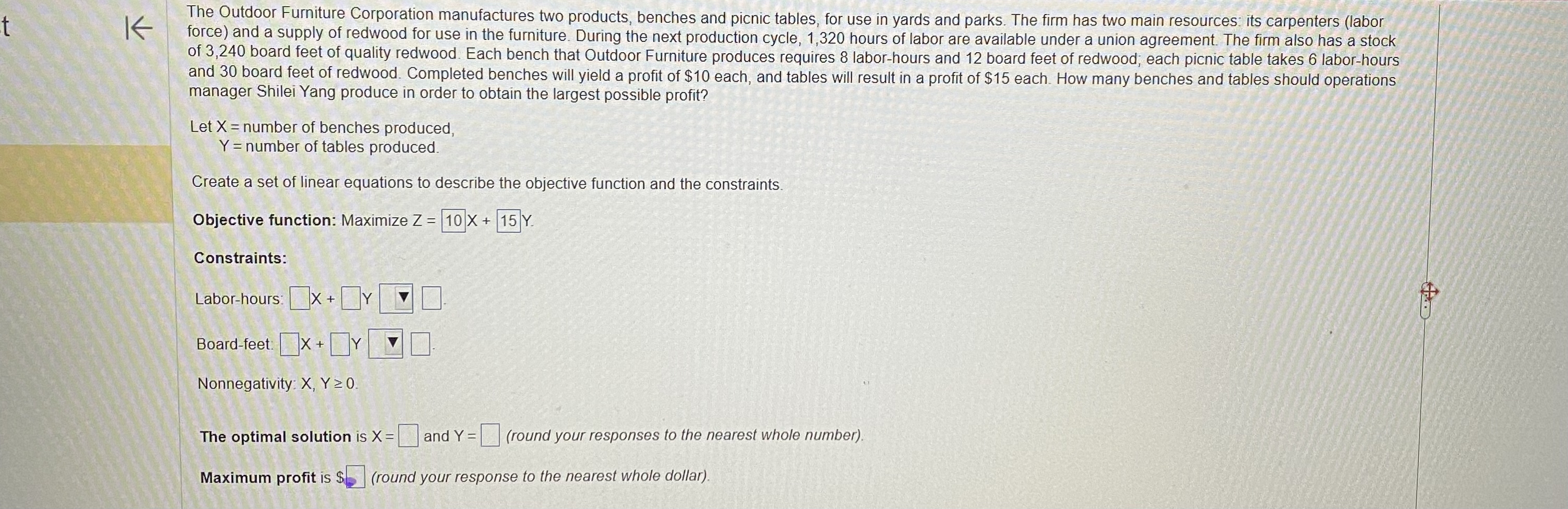 Solved The Outdoor Furniture Corporation manufactures two