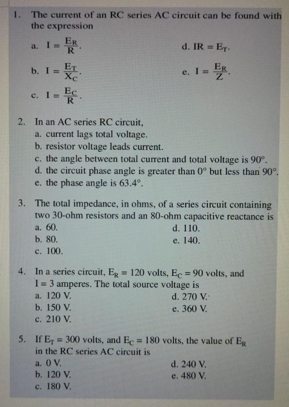 Solved 1 The Current Of An Rc Series Ac Circuit Can Be F Chegg Com
