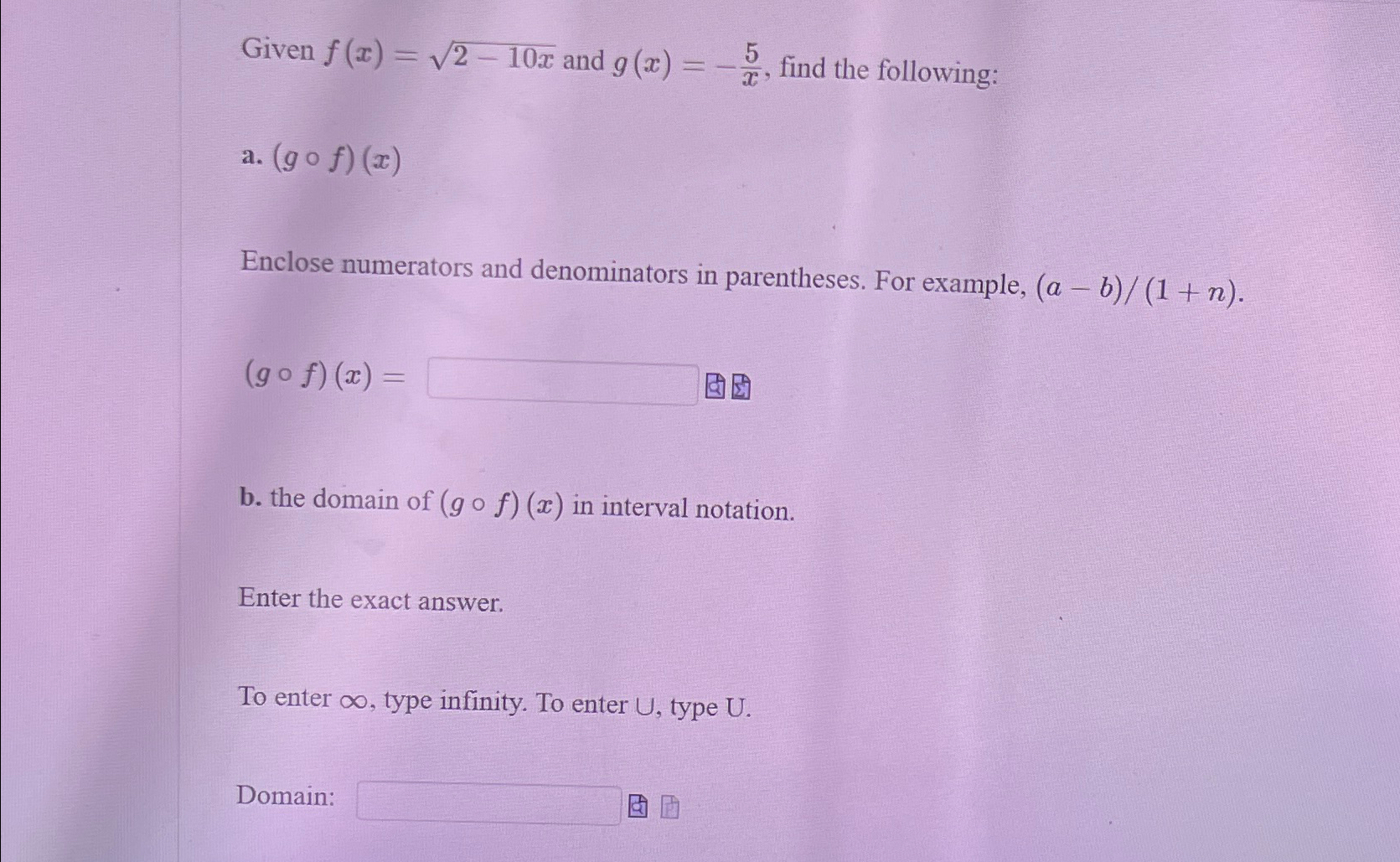 Solved Given F X 2 10x2 ﻿and G X 5x ﻿find The