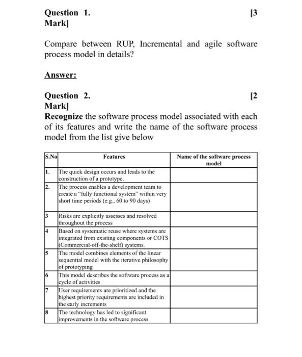 Solved Question 1. Mark] Compare between RUP, Incremental | Chegg.com
