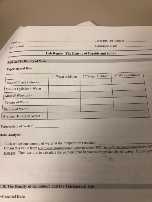 Chem 105/110 Section: Experiment Date: Lab Partner: | Chegg.com