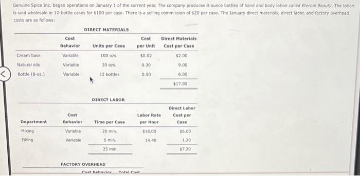 Genuine Splce Inc, began operations on January 1 of the current year, The company produces 8-ounce bottles of hand and body l