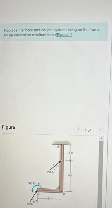 Replace the force and couple system acting on the frame by an equivalent resultant force(Figure 1).