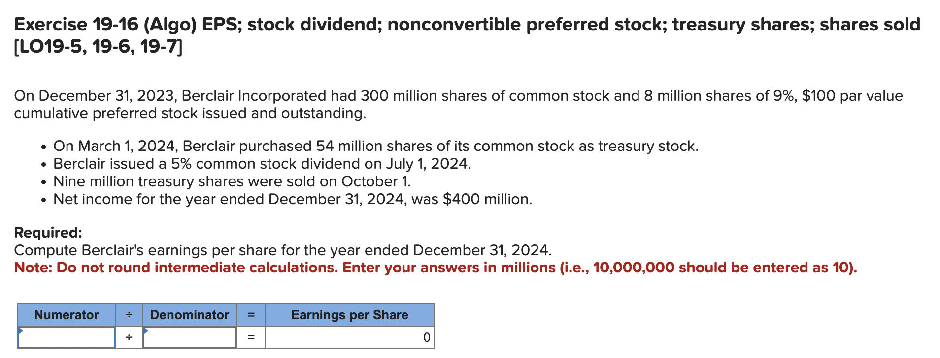 Solved Exercise 19-16 (Algo) ﻿EPS; Stock Dividend; | Chegg.com