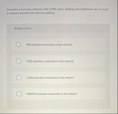 Solved Consider a two-way network with 1,000 ﻿users. Adding | Chegg.com