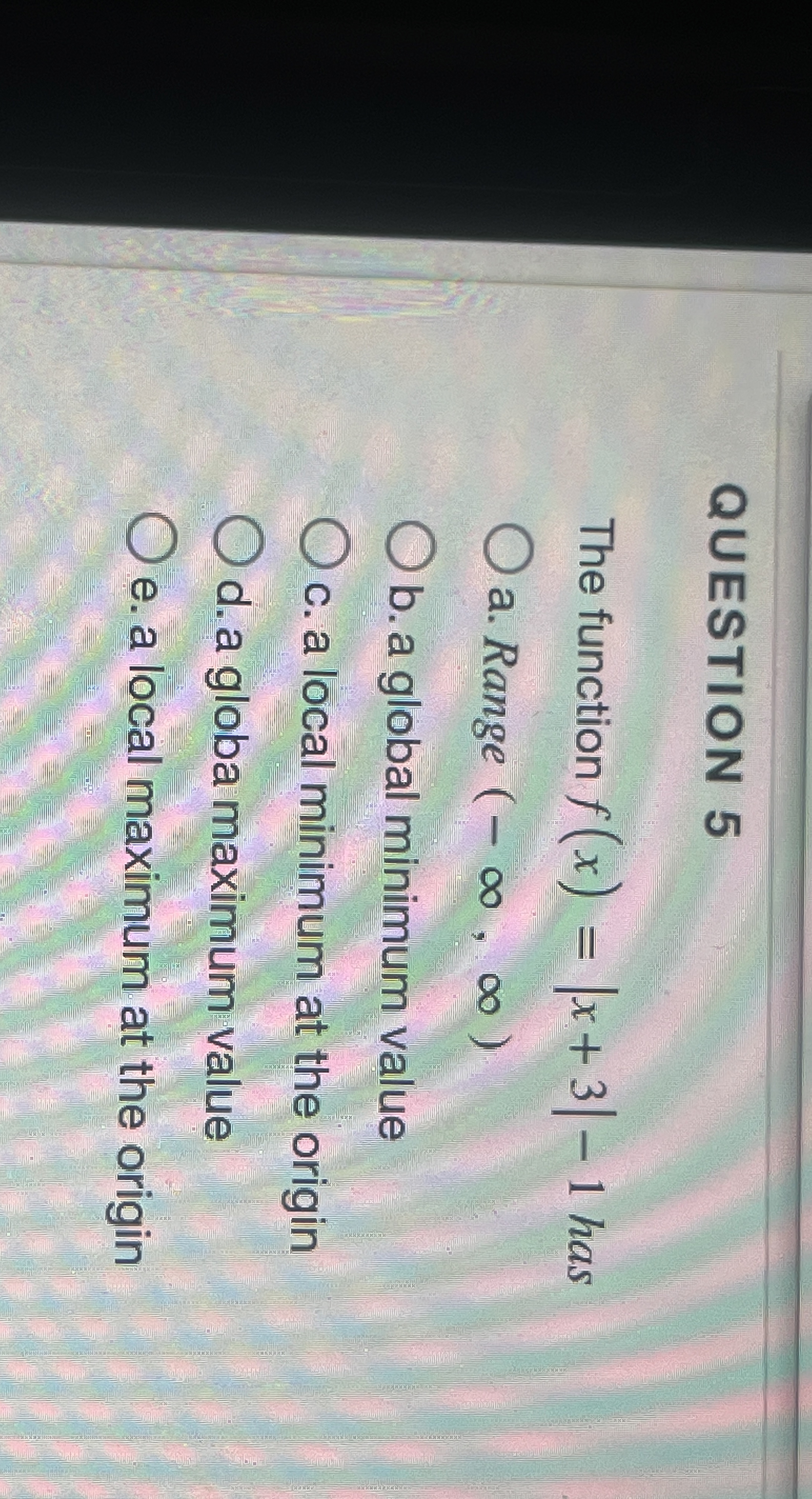 Solved QUESTION 5The function f(x)=|x+3|-1 ﻿hasa. ﻿Range | Chegg.com