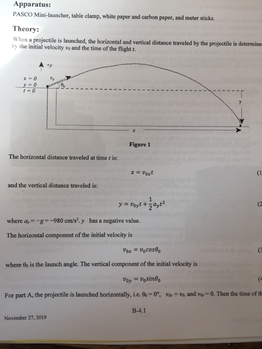 Solved Pre Lab B 4 Projectile Motion Read The Lab Manual B 4 9860