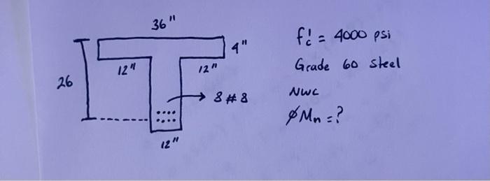 Solved 36" 4" Fé = 4000 Psi Grade 60 Steel 12" 12" 26 → 8#8 | Chegg.com