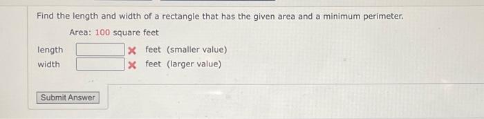 find length and width of rectangle given area and diagonal