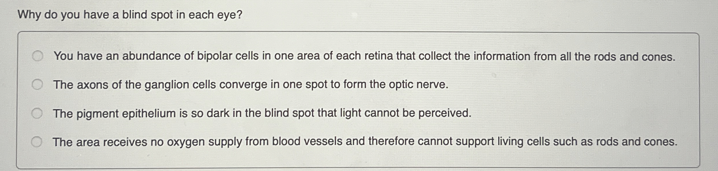 Solved Why do you have a blind spot in each eye?You have an