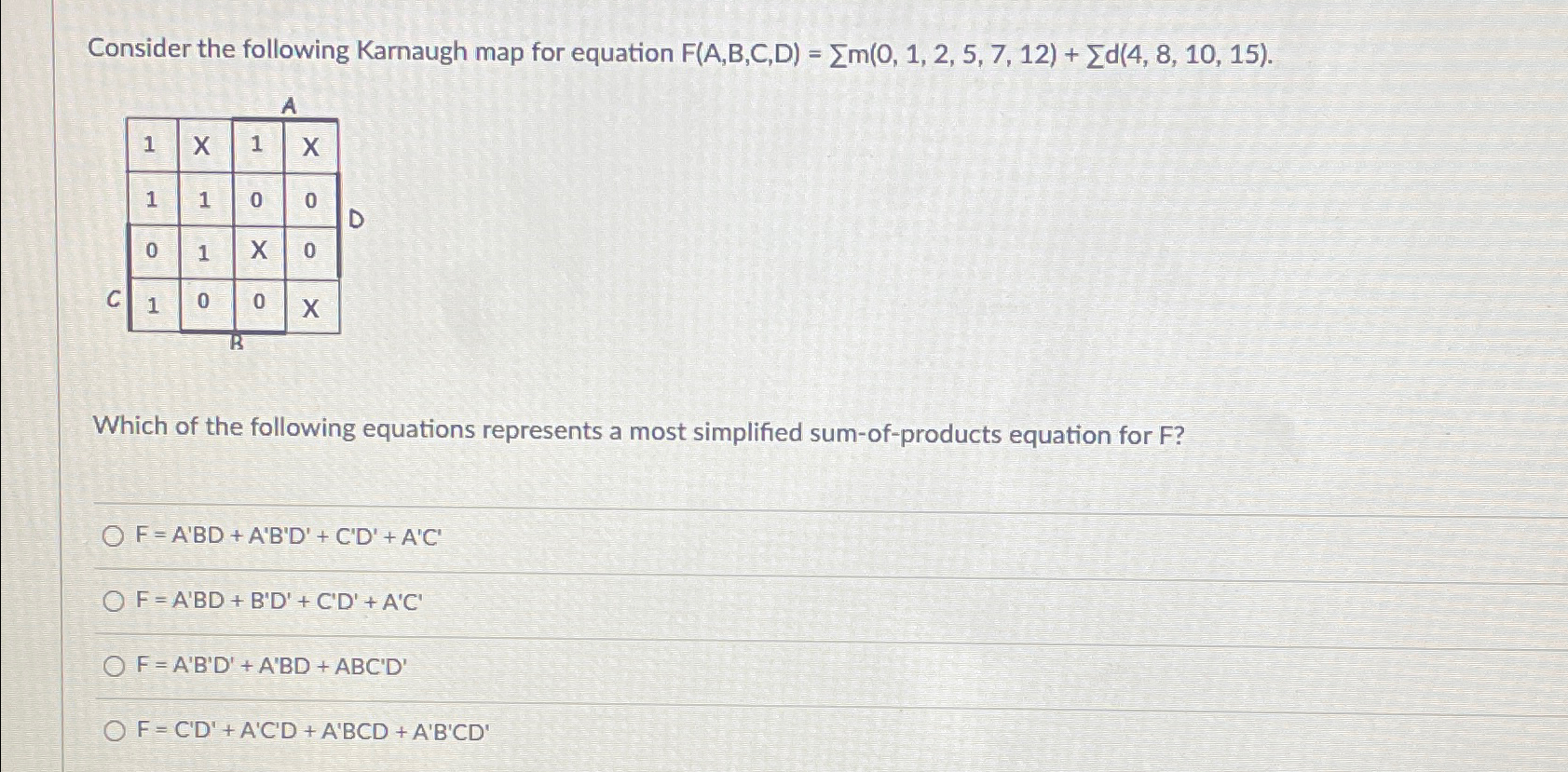 Solved Consider the following Karnaugh map for equation | Chegg.com