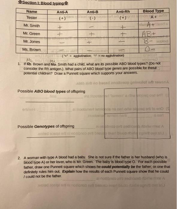 Solved Section 1 Blood Typing Name Anti A Anti B Anti Rh Chegg Com