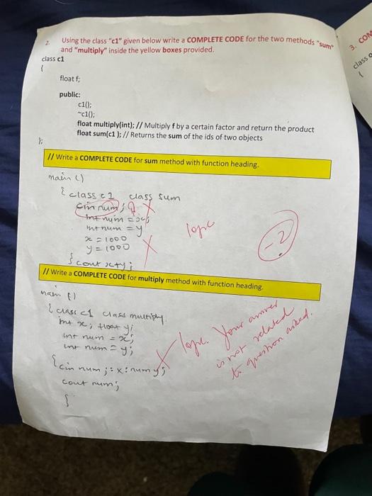 Solved 2. Using the class "c1" given below write a COMPLETE | Chegg.com