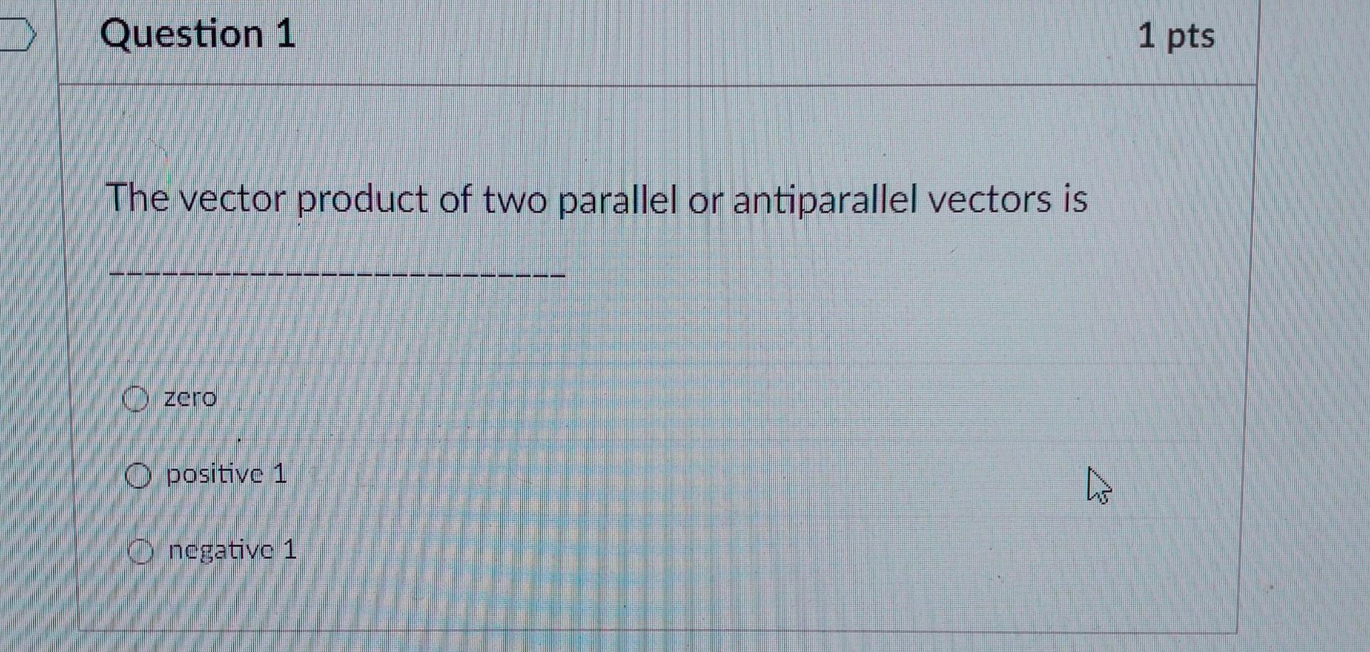 Solved Question 1 1 pts The vector product of two parallel | Chegg.com