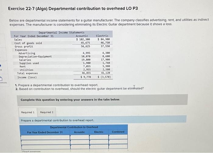 Solved Exercise 22-7 (Algo) Departmental Contribution To | Chegg.com