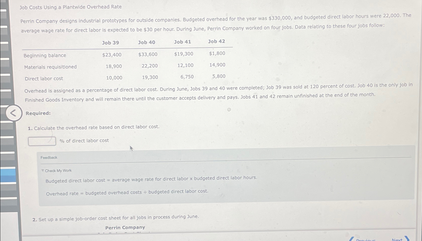 Solved Job Costs Using A Plantwide Overhead Rateperrin 