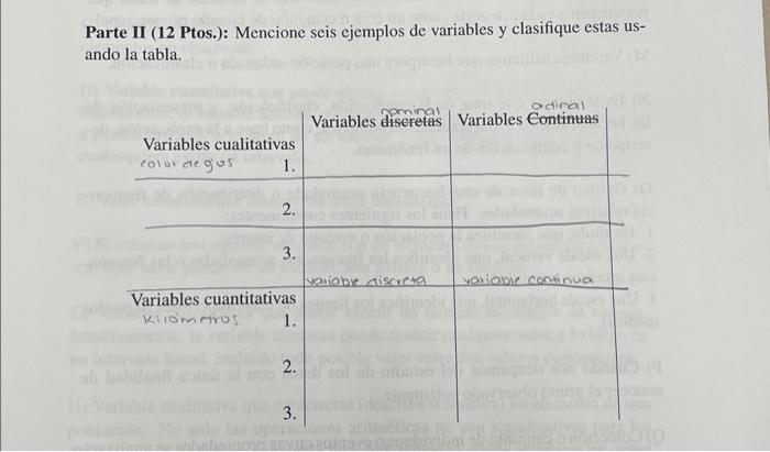 Parte II (12 Ptos.): Mencione seis ejemplos de variables y clasifique estas usando la tabla.