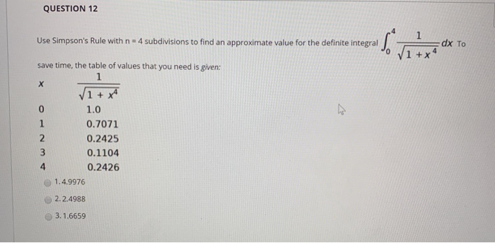 Solved QUESTION 12 Use Simpson's Rule with n = 4 | Chegg.com