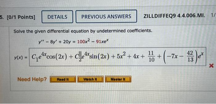 Solve the given differential equation by undetermined coefficients. \[ \begin{array}{c} y^{\prime \prime}-8 y^{\prime}+20 y=1