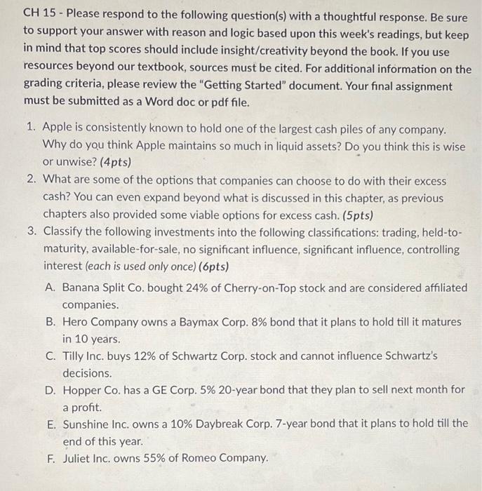 Solved CH 15 - Please respond to the following question(s) | Chegg.com