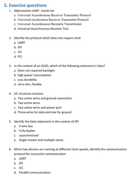 Solved 5. Exercise questions 1. Abbreviation UART stands for