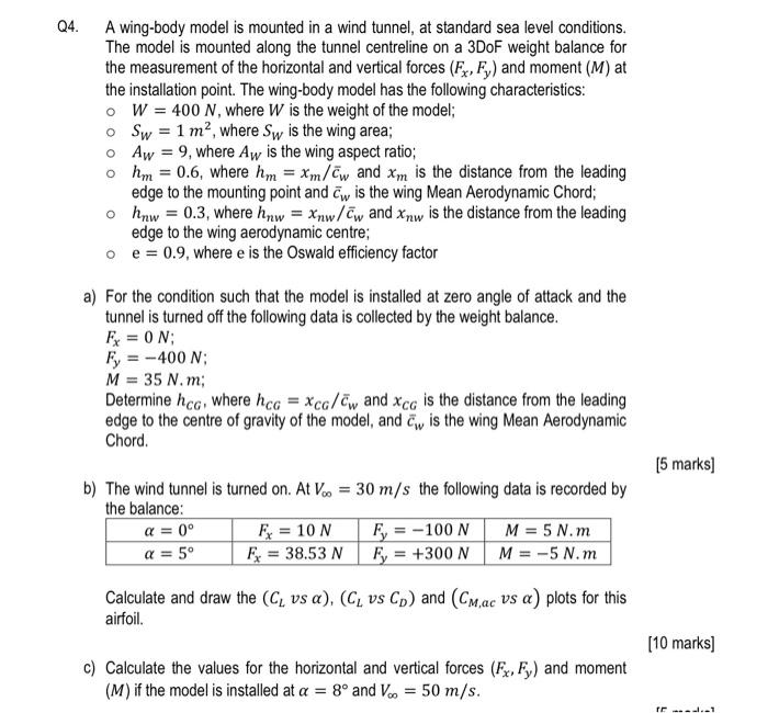 Solved Q4. A wing-body model is mounted in a wind tunnel, at | Chegg.com