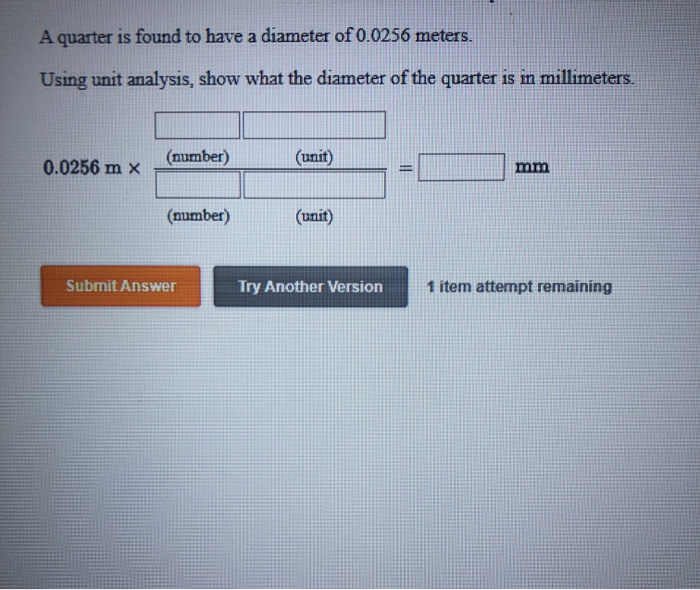 Solved A quarter is found to have a diameter of 0.0256 | Chegg.com