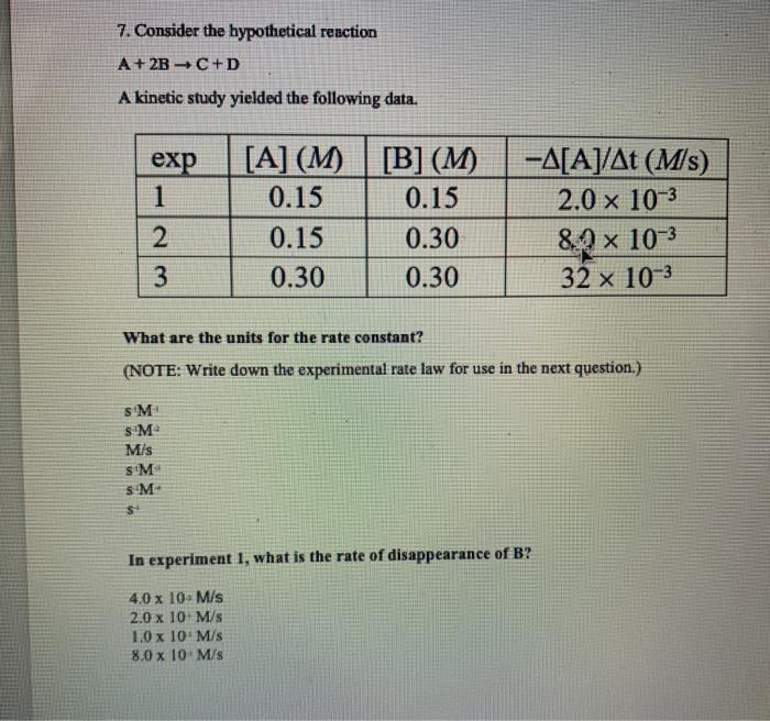Solved 7. Consider the hypothetical reaction A+2BC+D A | Chegg.com